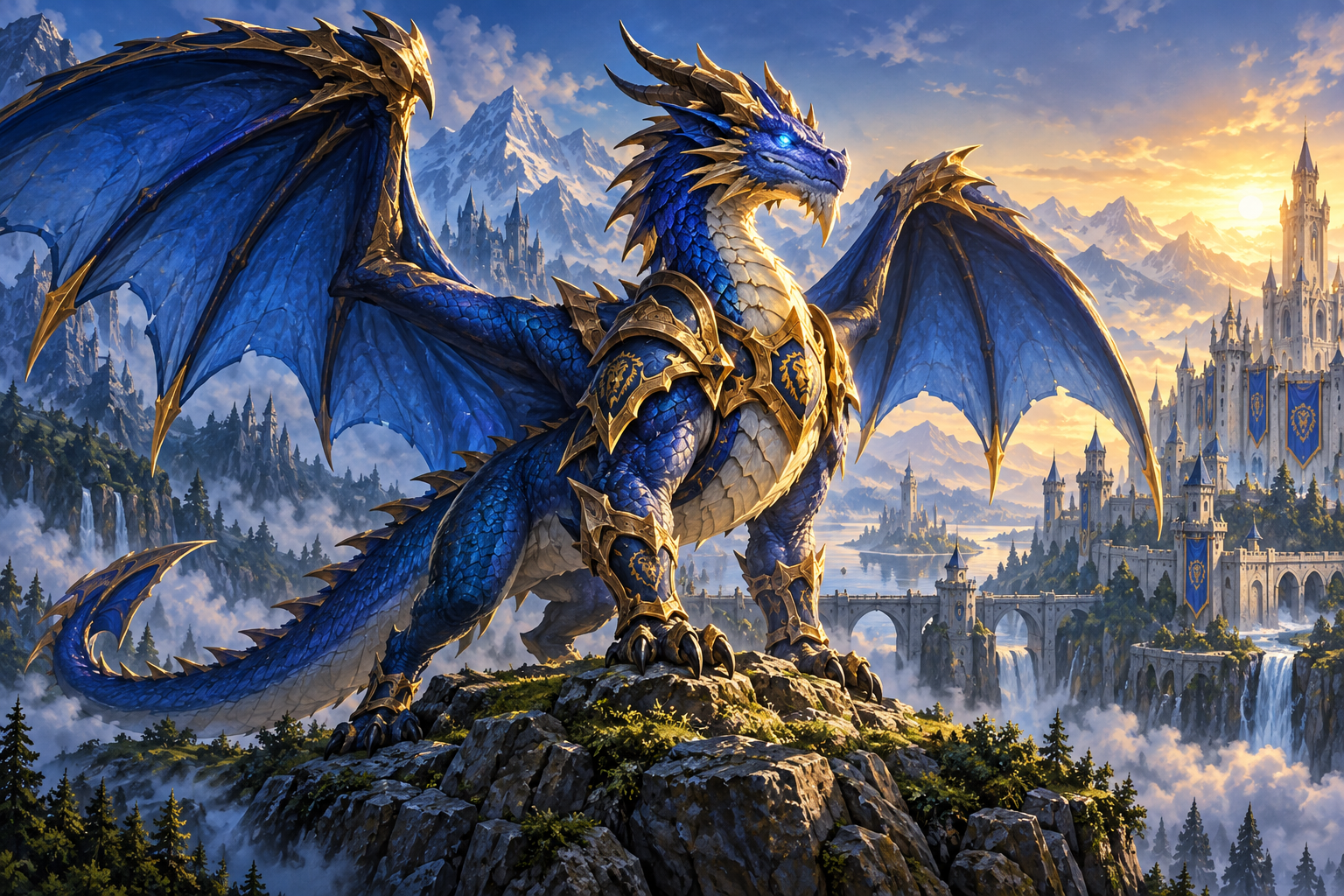 Dragon bleu et or veillant sur une citadelle